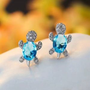 Lovely Turtle Stud Earrings Cute Zircon in Sky Bue